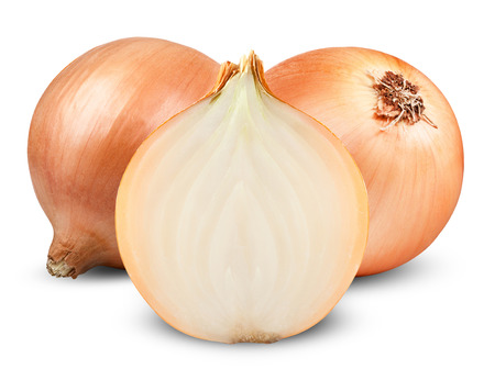 Fresh onion bulbs isolated on white backgroundの写真素材
