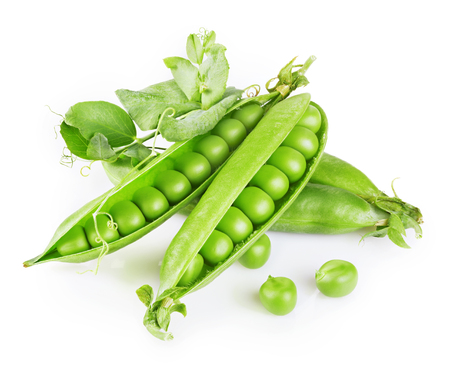 Fresh green peas with leafs isolated on white backgroundの写真素材
