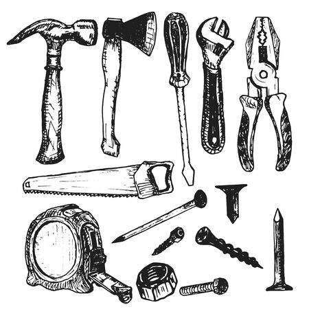 Vector work tools sketch icons for house repairのイラスト素材