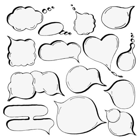 Speech hand drawn bubbles set. Talk clouds sketching illustrationのイラスト素材