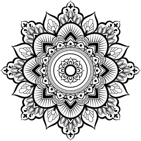 Decorative ornament in ethnic oriental style. Circular pattern in form of mandala for Henna, Mehndi, tattoo, decoration. Coloring book page.のイラスト素材