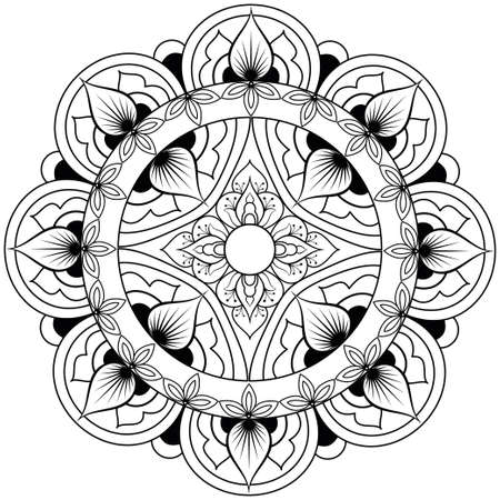 Decorative monochrome ethnic mandala pattern. Anti-stress coloring book page for adults. Unusual flower shape. Oriental vector, Anti-stress therapy patterns. Weave design elements.のイラスト素材