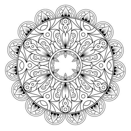 Decorative monochrome ethnic mandala pattern. Anti-stress coloring book page for adults. Unusual flower shape. Oriental vector, Anti-stress therapy patterns. Weave design elements.のイラスト素材