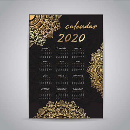 Calendar for the new 2020 with a golden mandalaのイラスト素材