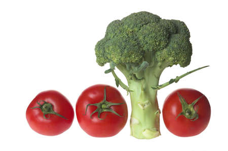 Tomatoes and brokoli on a white backgroundの写真素材