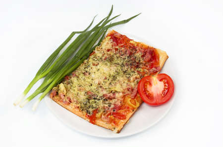 Salad, vegetables and pizza on a white backgroundの写真素材