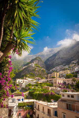 A look up into the mountains in Positano on the Amalfi Coast in Italy.の写真素材