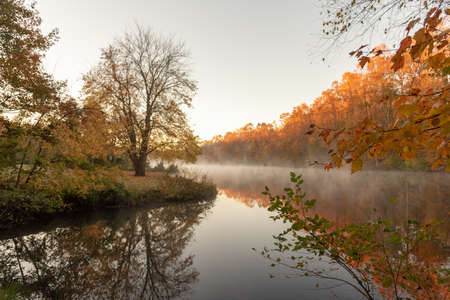 Fog in the early morning over an autum pondの写真素材