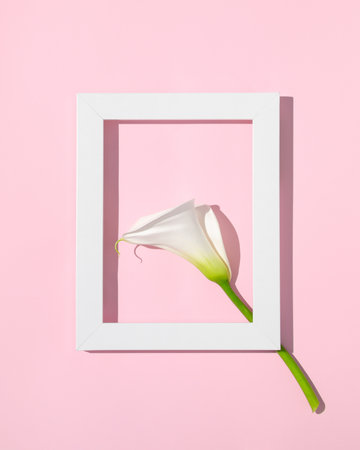 Visual made with white calla lily flower and white frame on pastel pink background. Creative flat lay. Minimal concept.の写真素材
