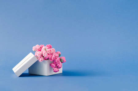 White gift box with beautiful pink roses. Pastel blue background with space for copy. Minimal birthday or anniversary concept.の写真素材