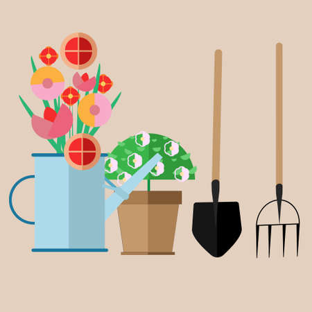 the concept of gardening with the image of garden tools and flowersのイラスト素材