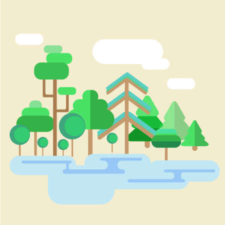 landscape of a spring forest with different species of treesのイラスト素材