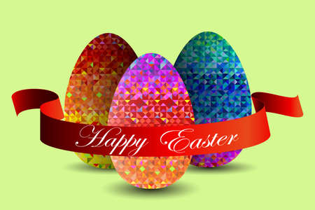 greeting card with Easter with the image of three eggs and a red ribbonのイラスト素材