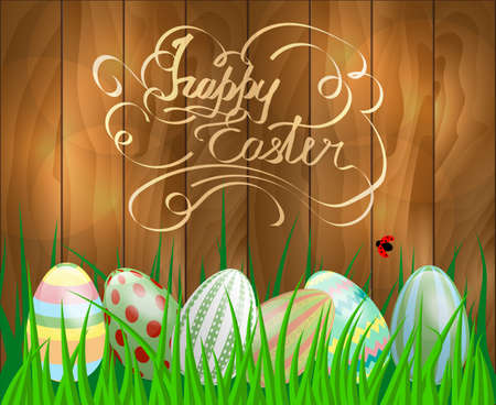 Vector illustration of a happy Easter on wooden backgroundのイラスト素材