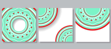 three examples of postcards with cyclical ornament white, green and red colorsのイラスト素材