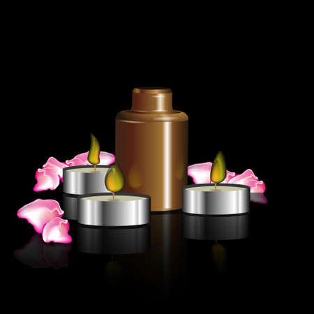 the concept of beauty and body care with image cosmetic oil, candles, rose petalsのイラスト素材