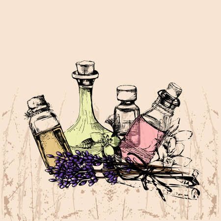 the concept of aromatherapy and massage with four bottles of essential oil, lavender, neroli, vanilla, cinnamonのイラスト素材