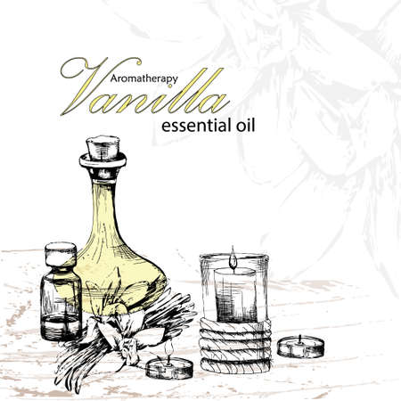 vector illustration of essential oil of vanilla with flowers vanilla and candles in the style of hand drawnのイラスト素材
