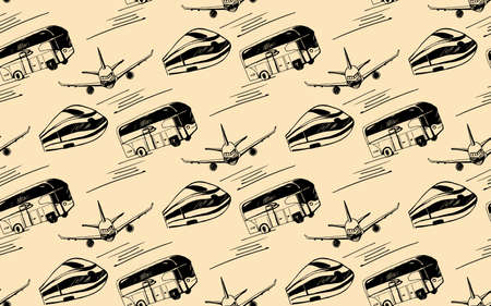 seamless pattern with the image of transport such us airplane, train, bus in the style of hand drawnのイラスト素材