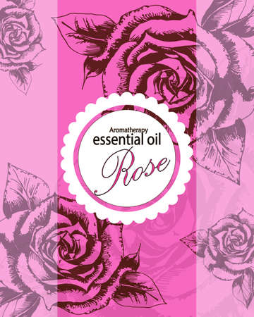 label for essential oil of rose with hand drawn leavesのイラスト素材
