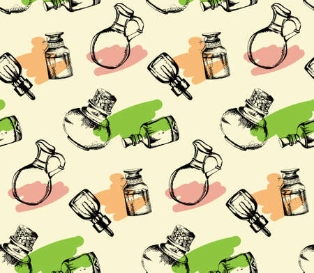 seamless pattern from bottles with essential oil for aromatherapy in the style of hand drawnのイラスト素材
