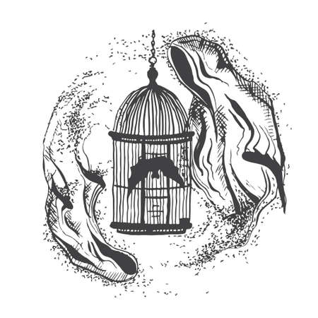 vector illustration of two ghosts flying around bird cages in the style of hand drawn / illustration to the Halloweenのイラスト素材