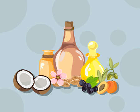 vector illustration natural oil bottles / the concept of spa procedure / massage with natural oilsのイラスト素材