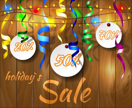 Holiday`s Sale banner with flashlight on wooden background . Vector illustrationのイラスト素材