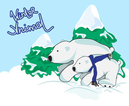 Baby bear with mother walking together. Winter vector illustrationのイラスト素材