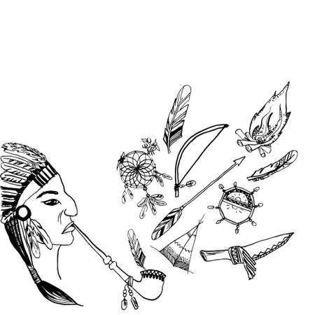 set on the Indian motives (red skin culture). Man with smoking pipeのイラスト素材