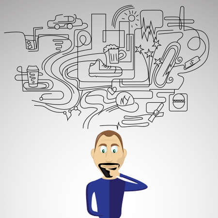 the man in the blue sweater ponders about leisure activitiesのイラスト素材