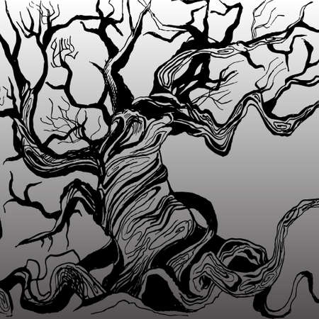 Black tree in the style of hand drawn. Gray backgroundのイラスト素材