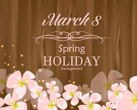 8 march greeting card with pink flowers. Wooden backgroundのイラスト素材