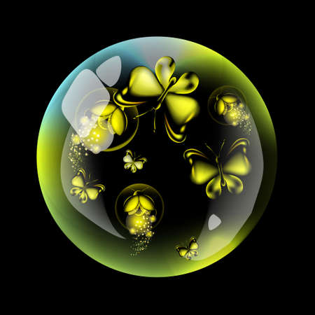Butterfly and firefly into the bubble. Yellow insect on the dark background.のイラスト素材