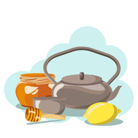 tea set on the table with honey and lemon. Breakfast timeのイラスト素材