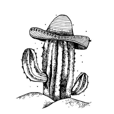 hand drawn vector illustration of cactus in mexican sombreroのイラスト素材