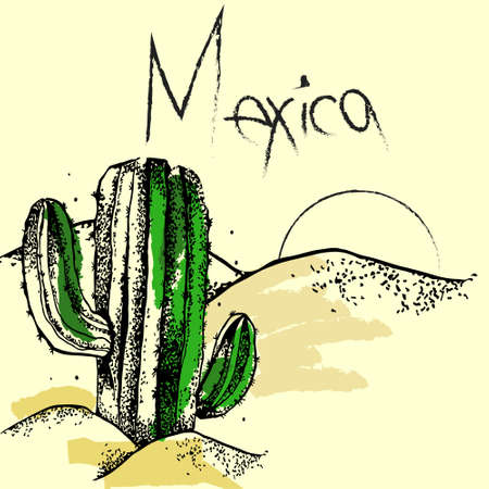 hand drawn vector illustration of cactus in the wild desertのイラスト素材
