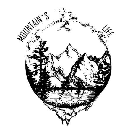 image of mountains rivers and forests in range. hand drawn vector illustrationのイラスト素材