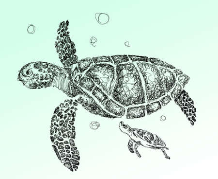Turtle family in the deep. hand drawn vector illustrationのイラスト素材