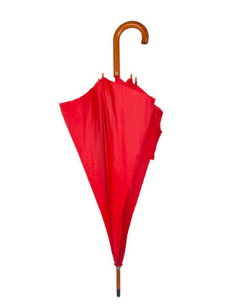 Closed red umbrella isolated on white backgroundの写真素材