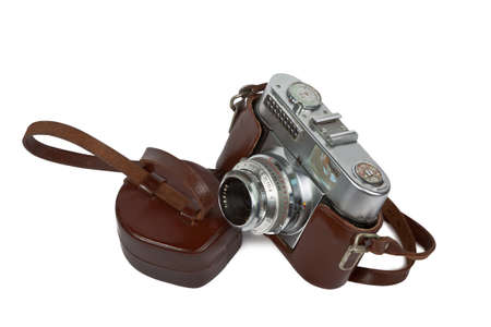 vintage camera with leather box isolated on white backgroundの写真素材