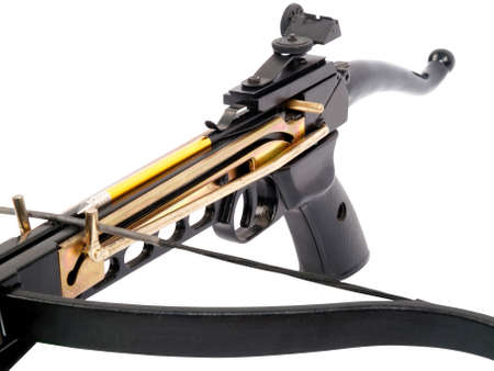detail of black crossbow isolated on white, studio shotの写真素材