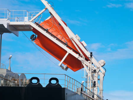 orange free-fall life boat for emergency evacuationの写真素材