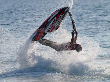 FAZANA, CROATIA - MAY 21, 2016: Competition Jetski Freestyle, Alpe Adria Jet Ski Tour - First race of Croatian aquabike championship 2016, in Fazana, Croatia.のeditorial素材