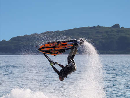 FAZANA, CROATIA - MAY 21, 2016: Competition Jetski Freestyle, Alpe Adria Jet Ski Tour - First race of Croatian aquabike championship 2016, in Fazana, Croatia.のeditorial素材