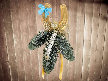 Christmas decoration on old wooden wallの写真素材