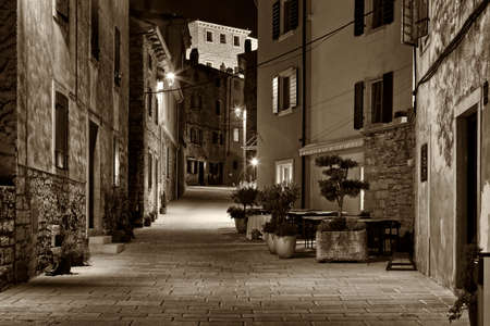 street in winter night in Bale, Istria, sepia toningの写真素材