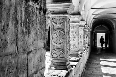 SVETI PETAR U SUMI, CROATIA - MARCH 24, 2019: Unidentified person at the entrance of Pauline Monks Monastery in Sveti Petar u Sumi, one of the most interesting Istrian cloistersのeditorial素材