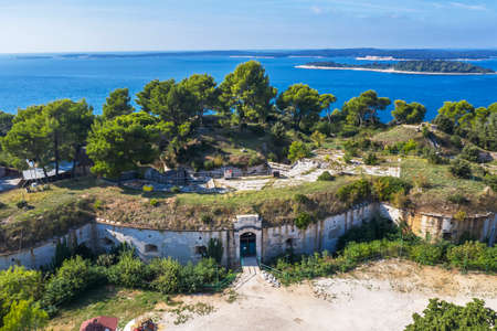 An aerial view of Fort Punta Christo near Å tinjan, Istria, Croatia, against Brijuni islandsのeditorial素材