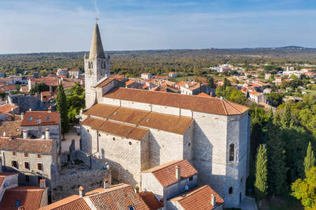 An aerial view of Bale - Valle, Istria, Croatia, church of Visitation Blessed Virgin Mary to St. Elizabeth in the forefrontの写真素材